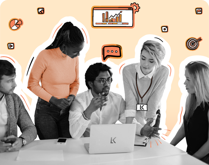Group of five professionals gathered around a laptop in discussion, with digital icons representing data, communication, and media, symbolizing teamwork and strategy on a peach gradient background.