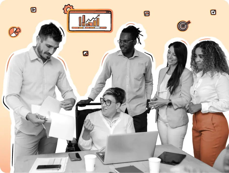 Diverse team of professionals gathered around a desk with laptops and documents, discussing data and strategy, surrounded by icons of analytics, media, and targets on a peach gradient background.