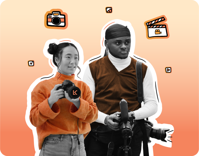 Two photographers holding cameras and gear, smiling and standing together, with icons of photography, video, and content creation on a peach gradient background.